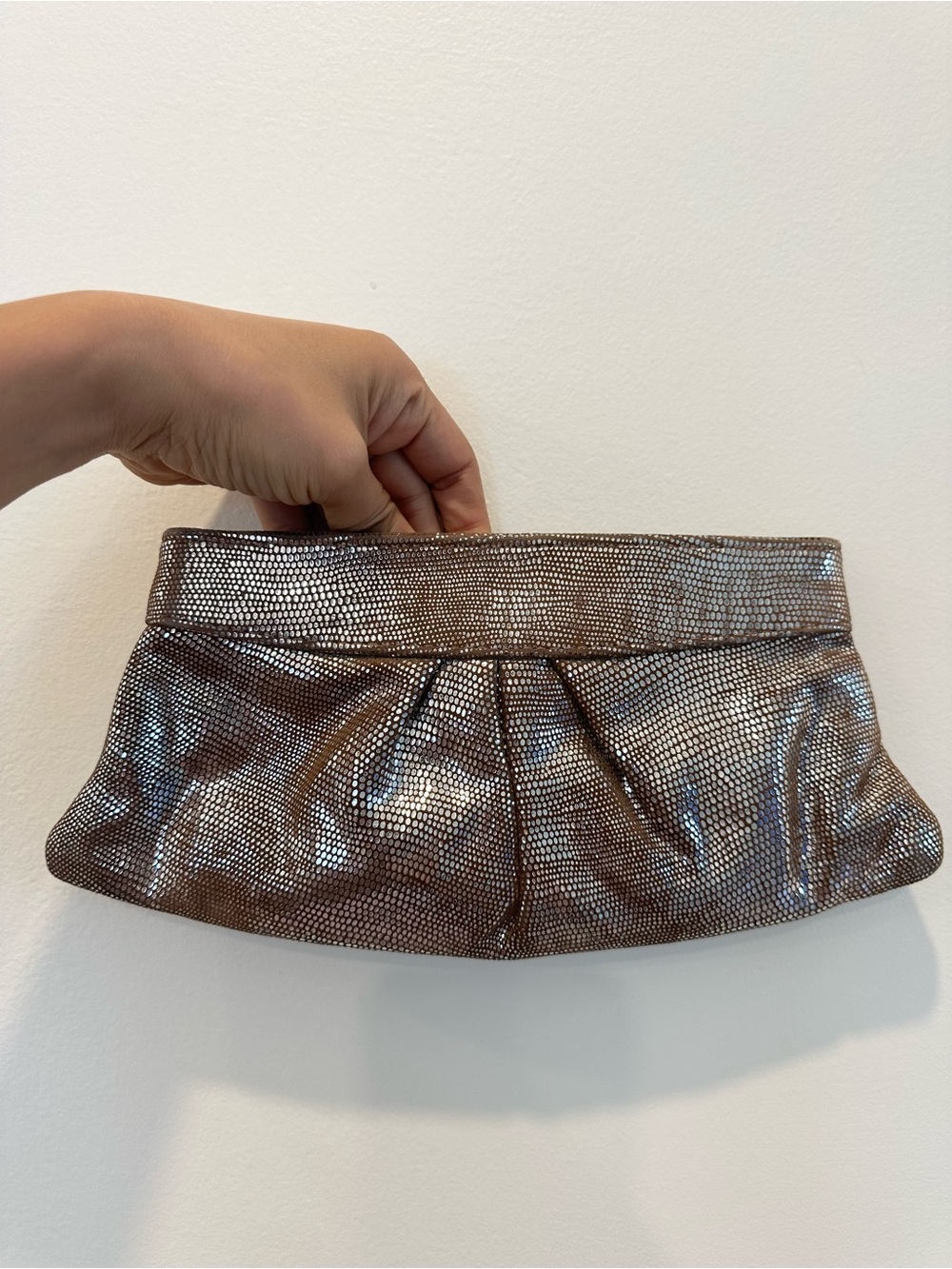 Lauren Merkin Bronze Metallic Lizard-Embossed Pleated Clutch